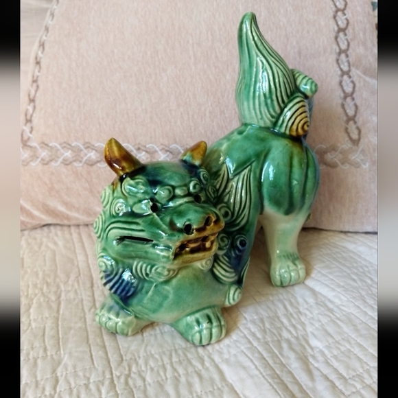 Vintage Majolica Chinese Porcelain Green, Blue & Tan Foo Dog Shishi Lion Statue - Picture 9 of 12
